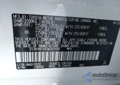 2025 Toyota Rav4 Le z USA, uszkodzony, nr VIN 2T3H1RFVXSW391440